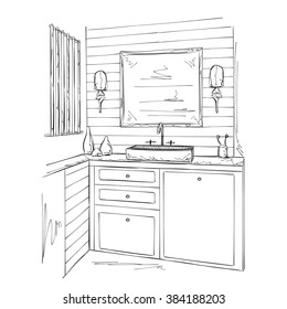 Bathroom Interior Elements Sketch. Hand Drawn Mirror.