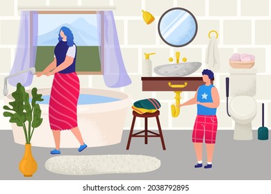 Interior de baño para la familia, ilustración vectorial, niño, personaje de mujer madre en casa, lavado en tubo de baño, limpiar la higiene infantil.