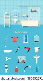 Bathroom interior in flat design style. Vector illustration of bathroom with furniture and bathroom flat style icons set