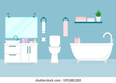 Bathroom interior. Flat illustration of a room with a toilet, bath, washbasin. Bathroom of an apartment, house or hotel. Household items for the rest room. Vector.