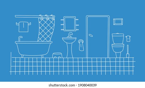 El cuarto de baño es sencillo. Los contornos lineales del mobiliario. Ilustración vectorial monocroma. Fondo azul, líneas blancas.