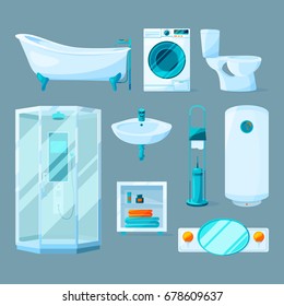 Bathroom interior furniture and different equipment. Vector illustrations in cartoon style