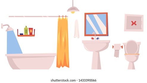Bathroom interior furniture elements, such as bathtub with curtain and closet with shelves and washing gel or shampoo flat vector illustration isolated on white background.
