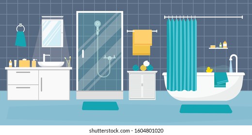 Bathroom interior with furniture in flat design style. Vector illustration.