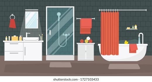 Bathroom interior with furniture in flat design style. Vector illustration.