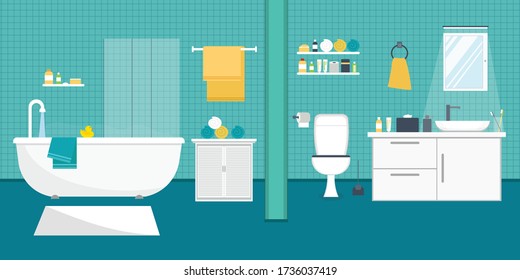 Bathroom interior with furniture in flat design style illustration.