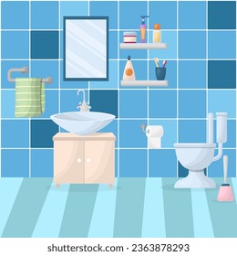 bathroom interior with furniture. Home interior items - mirror, washbasin, toilet bowl, towel. Vector illustration in a flat style.