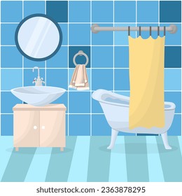 bathroom interior with furniture. Home interior items - mirror, washbasin, bathtub, towel. Vector illustration in a flat style.