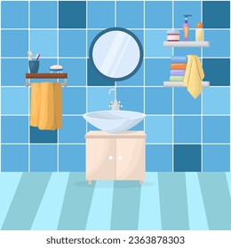 bathroom interior with furniture. Home interior items - a mirror, a washbasin with a pedestal, shelves with cosmetics, a towel. Vector illustration in a flat style.