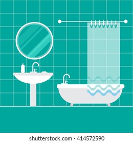 Bathroom interior. Furniture. Home Interior Objects - bath, mirror, wash basin. Modern trendy design. Vector illustration.