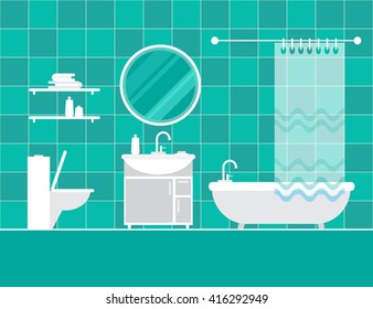 Bathroom interior. Furniture. Home Interior Objects - bath, mirror, wash basin. Modern trendy design. Vector illustration.