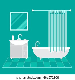 Bathroom interior. Furniture. Home Interior Objects - bath, square mirror, wash basin. Modern trendy design. Vector illustration.