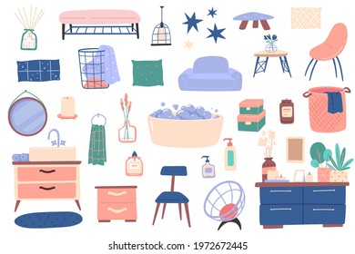 Bathroom interior furniture. House decoration elements, modern cozy scandinavian design, comfortable items, wash, laundry basket. Vector set