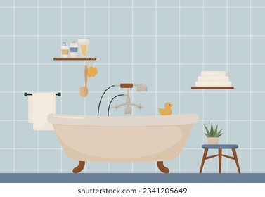 bathroom interior, furniture and plumbing, bathtub, shower, towel, shampoo, lotion, plant, duck, flat style, modern vector illustration