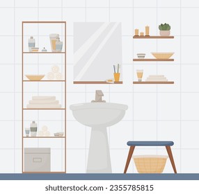 bathroom interior, furniture and plumbing, sink, shampoo, towel, candle, lotion, toothbrush, toothpaste, mirror, plant, flat style, modern vector illustration