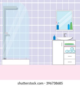 Bathroom interior with furniture, sink, shower and other home interior objects. Flat vector illustration.