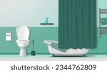 Bathroom interior with green color elements toilet bathtub and towel rail realistic vector illustration