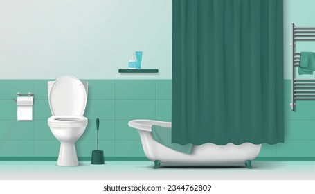 Bathroom interior with green color elements toilet bathtub and towel rail realistic vector illustration
