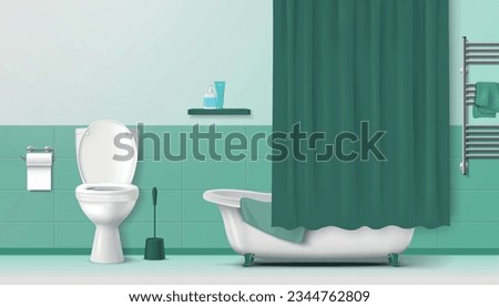 Bathroom interior with green color elements toilet bathtub and towel rail realistic vector illustration