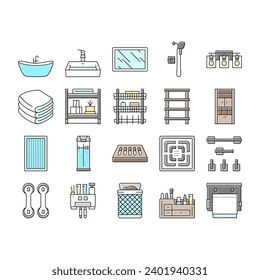 bathroom interior home icons set vector. modern bath, white room, light clean, luxury house, apartment sink, style bathroom interior home color line illustrations
