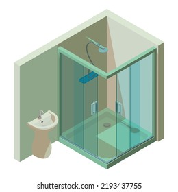 Bathroom interior icon isometric vector. Shower cubicle, wash basin with faucet. Bathroom, modern equipment