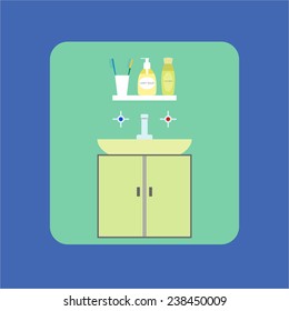 Bathroom interior icon. Washbasin. Soap, shower gel, and toothbrush. Vector illustration