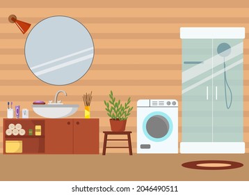 Badezimmer Inneneinrichtung. Bad mit Dusche, Waschbecken, Waschzubehör, Spiegel. Vektorgrafik. Für die Verwendung in Broschüren, Cover, Flyer, Werbedrucken, Hotels und Häusern.