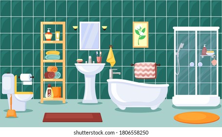Bathroom interior illustration. Stylish central bathroom with shower white washbasin hanging mirror and toiletries rack with towels and shampoo toilet brush in corner. Sanitary color vector.