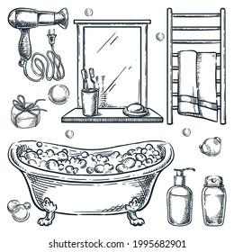 Bathroom interior isolated design elements. Vector hand drawn sketch illustration. Bath and shower accessories and equipment set. Bathtub with foam, shampoo, mirror, towel dryer doodle icons