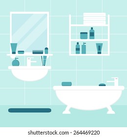 Bathroom. Bathroom interior. Isolated bathroom furniture on background. Bathtub, sink, mirror, shelf. Bathroom furniture with bathroom elements. Flat style vector illustration. 
