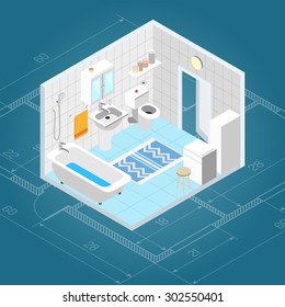 Bathroom interior isometric with 3d bath and toilet furniture icons vector illustration