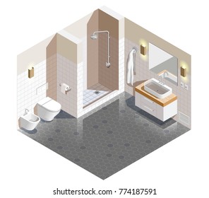 Composición isométrica del cuarto de baño con paredes blancas beige y suelo de baldosas grises, ducha, ilustración vectorial de artículos sanitarios