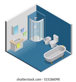 Bathroom interior isometric design with shower mirror and towels vector illustration 