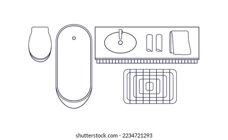 Bathroom interior layout top view. Overhead contoured bath room design plan with tub, lavatory, washbasin. Outlined washroom, home WC. Line art flat vector illustration isolated on white background