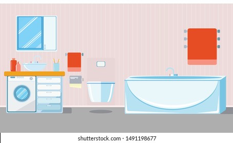 bathroom interior with light blue fixtures and pink wallpaper, EPS 10