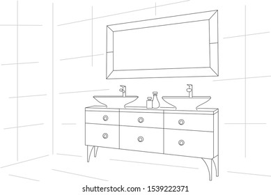Bathroom interior in lines. Vector bathroom in lines for banner. The basis for design