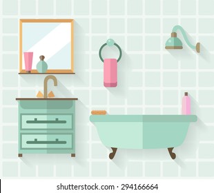 Bathroom Interior. Long shadows, flat design