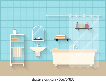 Bathroom interior with long shadows in flat design style. Vector illustration of bathroom with furniture