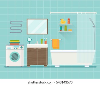 Bathroom interior with long shadows. Vector flat illustration.