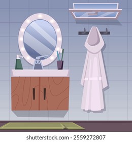 bathroom interior. mirror in room cozy bathrobes. vector illustration in cartoon style