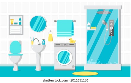 Bathroom interior with mirror, washing machine, walk-in shower, and yellow rubber duck. Vector illustration 