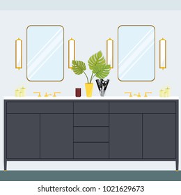 The bathroom interior with mirrors, lamps and shelves. Flat vector illustration.