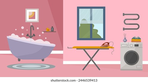Bathroom interior, modern bathroom with bathtub, washing machine, ironing board and window. Vector illustration in flat style. Interior concept. Home and interior decor.
