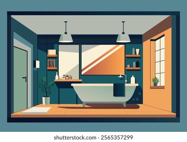 Bathroom interior modern with furniture.Restroom with furniture bathtub, faucet toilet sink, Modern home, hotel apartment lavatory,Vector illustration.