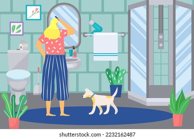 Bathroom interior, modern indoor design with sink, toilet and shower, vector illustration. Room brightly lit, tiled walls and floors.