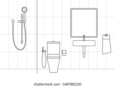 Bathroom interior with modern shower, sink and toilet. Minimal line design. Vector illustration.