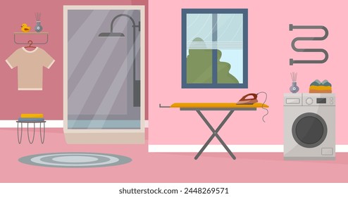 Bathroom interior, modern bathroom with shower, washing machine, ironing board and window. Vector illustration in flat style. Interior concept. Home and interior decor.