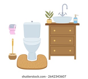 Bathroom interior. Modern bathroom with toilet and sink, convenient toilet interior, flat vector illustration. Cartoon minimalist washroom