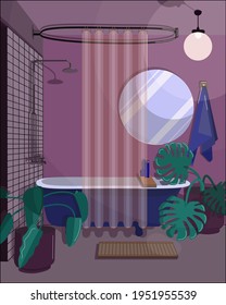 Bathroom interior at the morning. Simple interior with plants. Flat vector illustration. 