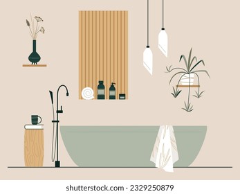 Bathroom interior. New stylish renovation in the bathroom with  bathtub, home plants, lamps, book and and bath accessories. Japandi or Scandinavian interior style